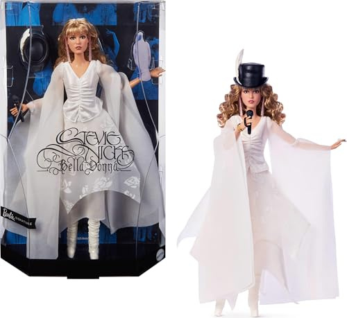 Barbie ​Mattel Signature Doll, Stevie Nicks Bella Donna Collectible Wearing Flowing White Dress with Hat & Mic Accessories, Includes Doll Stand, JBJ45