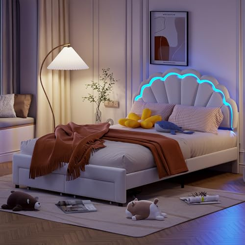 BPKADHY - Lettino imbottito singolo per ragazze, 140 x 200 cm, con LED, testiera regolabile in altezza, a forma di fiore, 2 cassetti, letto singolo per ragazzi con rete a doghe, tessuto di velluto