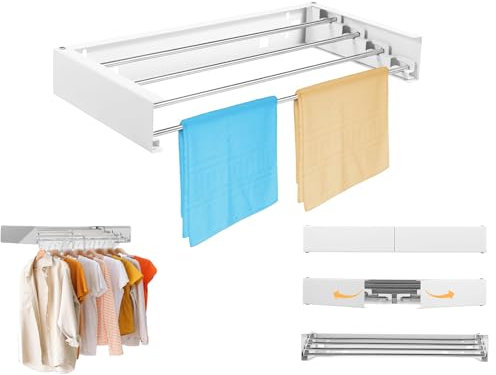 Flanliy Wäscheständer Wandmontage, 50CM 4-Stange, Platzsparend, Robust, Ausziehbar, Faltbar, für Indoor & Outdoor, Balkon