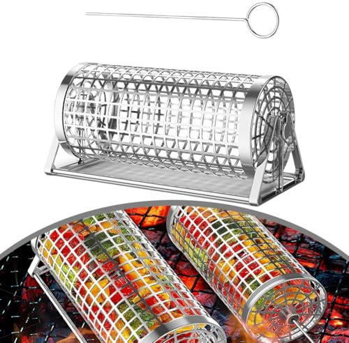 Cestino per grigliare, in acciaio inox, rotondo, per barbecue, portatile, girevole, per cucinare all'aperto, campeggio, grigliare verdure e frutta, 22 x 10,3 x 9,4 cm