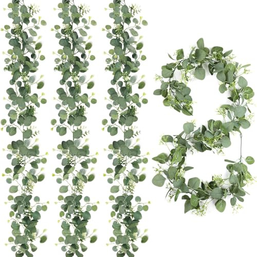 Guirnaldas artificiales de eucalipto, 1,8m, 4 piezas de hojas verdes con flores blancas, guirnalda de planta artificial, planta colgante con hojas de sauce, para ramo de novia, alféizares de chimenea