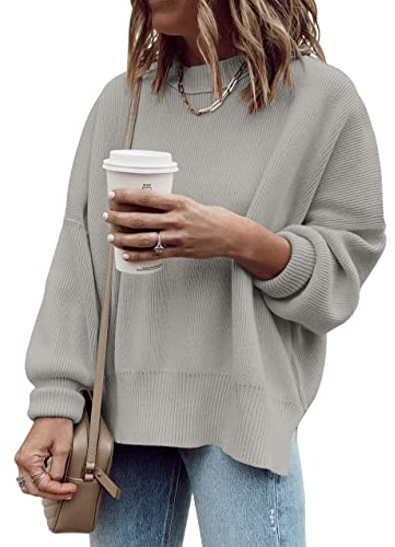 Saodimallsu Jersey de manga larga para mujer, cuello redondo acanalado, abertura lateral, suéter de punto para otoño e invierno, gris, L