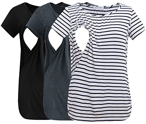 Smallshow 3 Pack Amningstoppar Korta ärmar Sida Ruched Amningskläder,Black-Deep Grey-White Stripe,XL