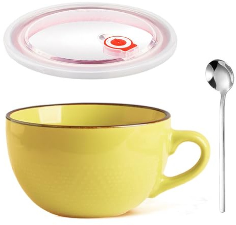 Grande Tasse à Café, 700ml Bol D'avoine, Grande Tasse à Thé, Bols de Salade, Réutilisable Bols à Café avec Anse, Bol à Soupe en éramique Avec Couvercle et Cuillère, Für Teestuben, Cafés (Jaune)