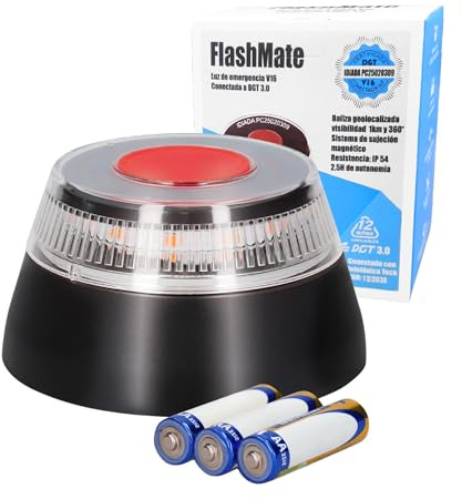 MAGIC SELECT Luz Emergencia V16 Homologada DGT con Geolocalización para Señalización en Carretera de Coche y Moto. Luz Naranja Intermitente 360º, Base Imantada, 3 Pilas AA Incluidas (1UD)