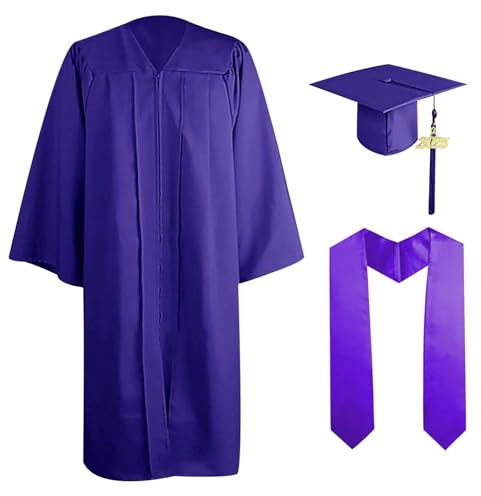 Vestido de graduación con gorro a juego para adultos unisex diseño 2024 año encanto moda festiva bata académica, morado, 44