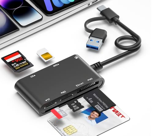 Adaptador de tarjeta SIM USB C/USB para iPhone, lector CAC 7 en 2, lector militar de tarjetas inteligentes y lector de tarjetas SD/TF/M2/ID/IC/SIM/PIV/Ms Pro Duo para iPhone 17/16/15/iPad/PC/portátil
