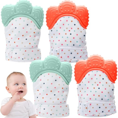 Teething Mittens Adjustable Food Grade Silicone Baby Teething Mitten Built-in Phonic Membranc Sensory Stimulating Glove for 3-6 Months Baby Game Toys.