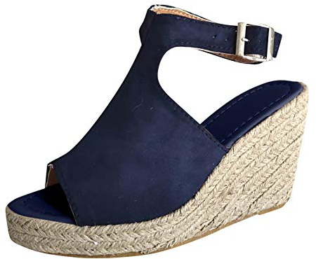 Sandaler dam med kilklack, espadriller för kvinnor platå fritid kilsandaler peep toe kilsandaletter slip-on pantoletter med spänne ankelrem sandaletter linnesula sommarskor