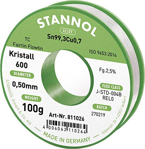 Stannol 811026 FLOWTIN TC Fairtin Kristall 600 Lötdraht, 0,5mm Durchmesser, 100g Spulen 0,5mm x 100g