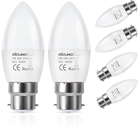 DiCUNO ProOE Bombilla LED B22 6W, equivalente halógeno de 40W, 410LM, Blanco frío 5000K, LED de bayoneta C37, No regulable, 100-240V, 6 Piezas
