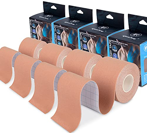 QianCheng 4 Pack Kinesiology Tape for Sports Athletes - 16 FT Waterproof Athletic Tape for The Knee, Elbow and Shoulder Muscles, etc. (Beige)