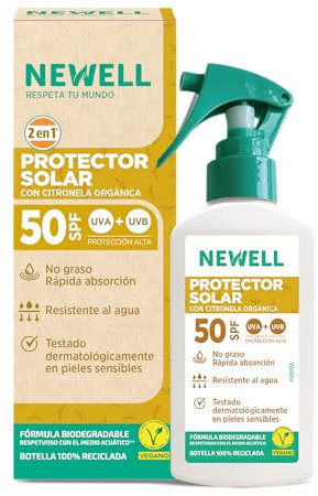 NEWELL | Spray Solar SPF 50 | Repelente Solar Antimosquitos | Para Toda la Familia | Spray Eficaz Contra Mosquitos Tigre 3 horas | Botella 100ml 100% Reciclada y Reciclable
