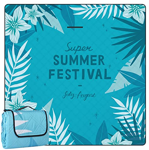 DEWUR Manta de Picnic Impermeable Lavable Manta de Playa Sandfrei XXL Manta de Camping Estera de Playa aislada con Parte Inferior Impermeable Azul Verano (200x200cm)