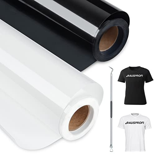HAUSPROFI Plotterfolie Textil 30.5 cm x 800 cm, Plotter Bügelfolie für Cricut und Silhouette Cameo - PU Transferfolie Plotter für DIY T-Shirt/Anderen Stoffe - Mit Häkelnadel (Schwarz und weiß)