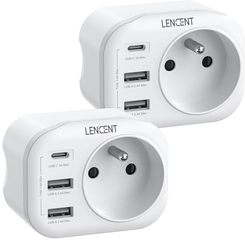 LENCENT Prise USB Secteur Chargeur 4 en 1 avec 1 Prise, 1 Type C et 2 USB Multiprise Un Mini pour Chambre Cuisine Bureau 4000W Compatible avec Phone Lot de 2