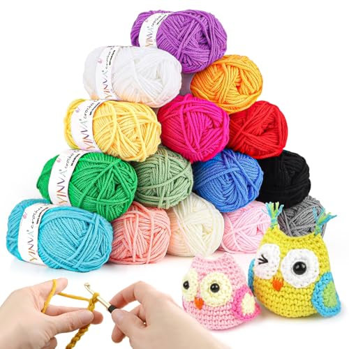YINVA Crochet Yarn Acrylic Yarn Knitting Wool 15 Colors x 25g Multi-Color for Beginners Adults, Perfect for Crochet, Knitting and Crafts