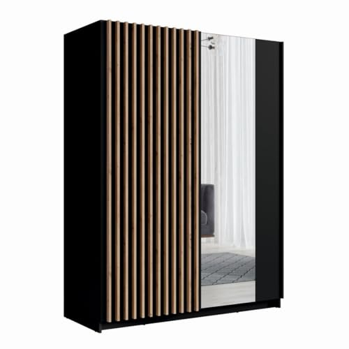 PRICE FACTORY just for you Armoire Design 150cm Coloris Noir et chêne Collection Strano. Deux Portes coulissantes. Dressing Complet avec Miroir.