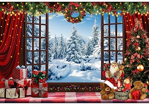 300x250cm Toile de Fond de noël Paysage de Neige à l'extérieur de la fenêtre Fond de Photographie Rideau Rouge Toile de Fond de Photographie de noël bannière de décoration de fête du Nouvel an