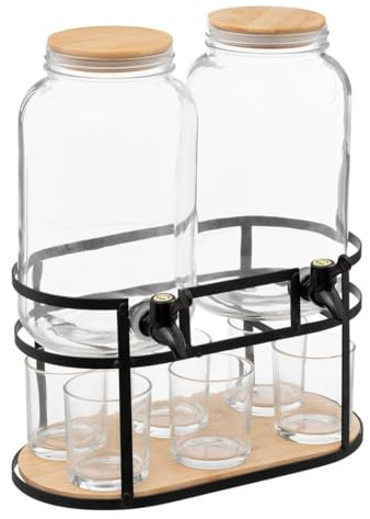 Avilia Dispenser con rubinetto, Fontana Di Vetro Per Bevande con capacità di 6,6L con Supporto in Metallo e 6 Bicchieri