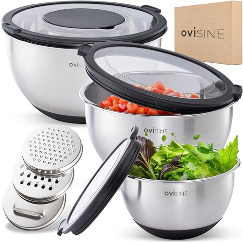 ovisine Edelstahlschüssel-Set Roumare | 3-teilig | ⌀ 24, 20, 16 cm | Rührschüssel Edelstahl | Salatschüssel groß | Küche | rutschfester Boden | 1,0l - 2,5l - 4,5l Rührschüsseln | inkl. Zubehör