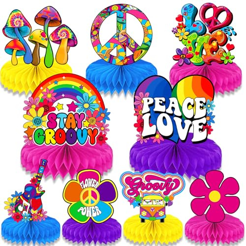 Qpout 9 pezzi Groovy Hippie Boho Party Centrotavola a nido d'ape Tie Dye Party Table Topper Honeycomb Hippy Retro Flower Rainbow Daisy Peace per 60's 70's Hippie Party Theme Table Decorations