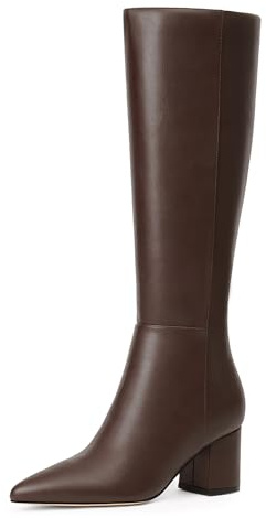 Easyfox Brown Womens Tall Boots Knee High Brown Leather Boot Womens Knee High Boots Pointed Toe Fall Chunky Heeled Long Boot Size 7.5
