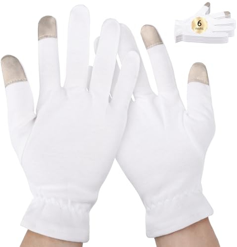 Segbeauty 12 guantes hidratantes con dedos para pantalla táctil, guantes de algodón con banda elástica para dormir durante la noche, guantes de algodón blanco para hombres y mujeres, guantes de