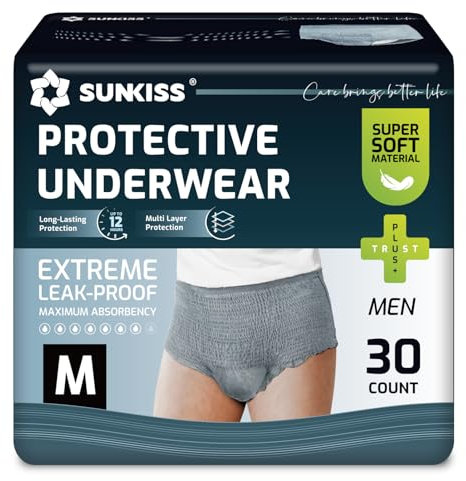 SUNKISS Incontinence Pants for Men, Daytime Disposable Adult Pull Ups, Mens Protective Underwear with Maximum Absorbency, Grey, Medium, 30 Count