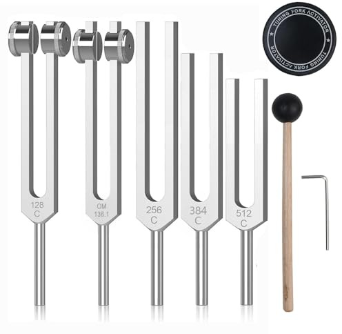 NEWFUN Stimmgabel,Stimmgabel Neurologie,Stimmgabel 128 Hz,Set von 5 Stimmgabeln (128HZ, 136.1HZ, 256HZ, 384 Hz, 512 Hz) für Klangtherapie Gewichtete Stimmgabel Geeignet für Meditation