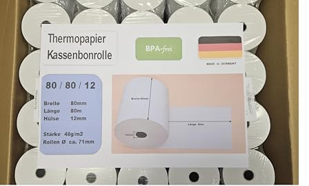 50 Thermorollen 80mm x 80m x 12mm (80x80x12) Bonrollen Kassenrollen Waagerollen für Registrierkassen, BPA-frei inkl. roter Endwarnstreifen