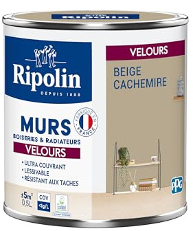 RIPOLIN - Peinture Intérieure Multi-Supports – Murs, Boiseries & Radiateurs – Ultra couvrante - Monocouche - Confort d'application - Aspect Velours - Beige Cachemire - 0,5L