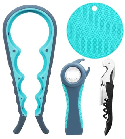 HTTDSLF 4 Pcs Abrebotellas para Personas Mayores, Abrebotellas de Cerveza, Multifunción 4 en 1 y 5 en 1, para Personas Mayores niños Artritis Manos Débiles, Manos Débiles y Niños (Azul y Gris)