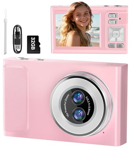 JDZ 4K All-in-One Digital Camera, 48MP Autofocus Vlogging Camera, 16X Digital Zoom Compact Portable Mini Camera with 32GB SD Card for Kids Teens Students Beginners Travel YouTube (Pink)