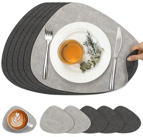 Chitomars Placemats and Coasters Set of 6 Dual Sided Faux Leather Table Mat | Heat Resistant Washable Place Mats Non Slip Waterproof PU Leather Placemat for Dining Table Indoor Outdoor(Light Grey Grey)