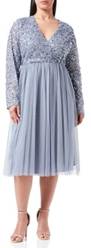 Maya Deluxe Damen Maya Faux Warp Front Embellished Midi Dress Brautjungfernkleid, Dusty Blue, 56 EU
