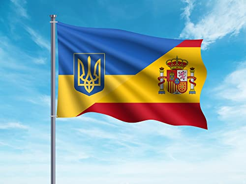 Oedim Bandera de Ucrania y España con Escudo, 150x85cm, Incluye 2 Ojales Metálicos, Resistente al Agua, Fabricada en Tela 2