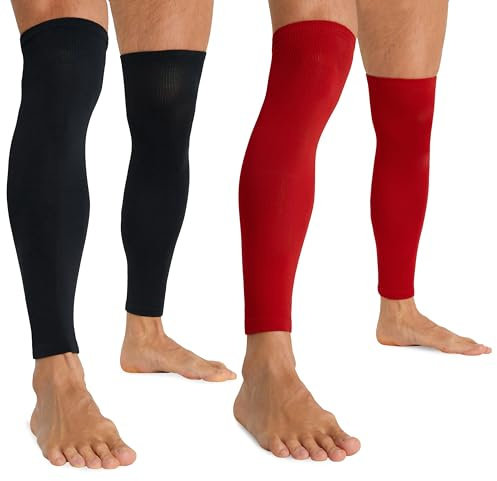 CityComfort Medias de Compresion Hombre para Futbol - Protectores de Tibia, Calentadores de Piernas, Talla Única, Calcetines Futbol (Rojo/Negro - Paquete de 2)