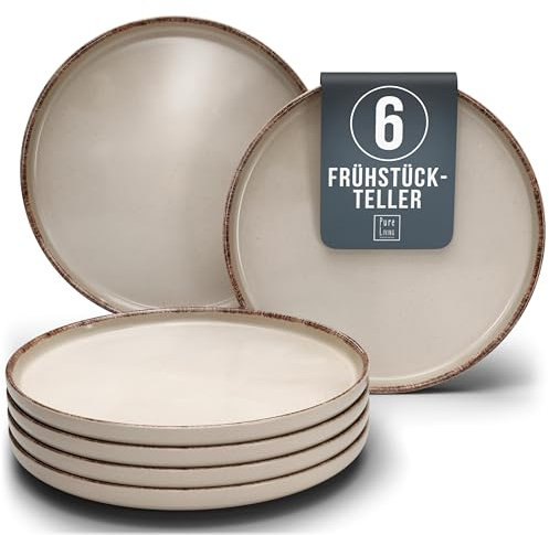 Pure Living Assiette à petit-déjeuner en faïence pour 6 personnes - Vainqueur du test rustique - Style maison de campagne de qualité supérieure - Petites assiettes à salade - Beige