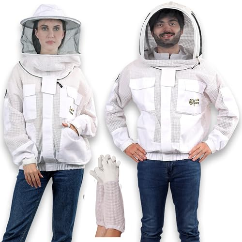 USKEEPERS 3 Layer Ventilated Bee Jacket for Men & Women, Premium Beekeeping Jacket with Gloves & Two Beekeeper Veils. (White J/XL)