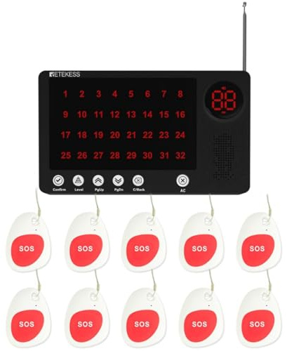Retekess TH108 Cercapersone Wireless per Operatore, Pulsante Chiamata Allarme Anziani, Display a 32 Bit, Distanza 2000 Metri, 10 Lingue e 3 Prompt, per Case Riposo, Clinica, Ospedale