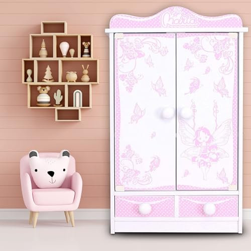 habeig XXL Kinderschrank Kleiderschrank 52 cm hoch Wandschrank Hängeschrank weiß 2 Türen Puppenschrank (Pink/Weiß 226-822)