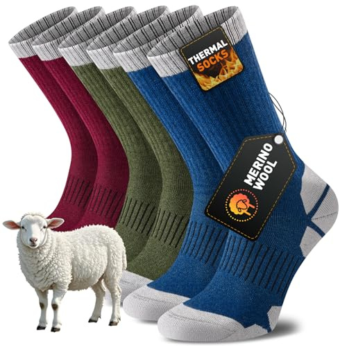 Niorasen Thermal Merino Wool Walking Socks for Men Women, Cushioned Anti Blister Performance Hiking Socks for Running, Sports, Cycling, Trekking, Work, Casual, Warm Thicked Sock Winter 3 Pairs