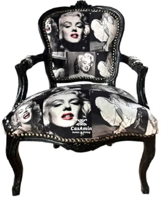 CasAmin Home & Living Sillón Marilyn Monroe Print French Louis Style Chair Barroco Rococo Style Armchair en blanco y negro
