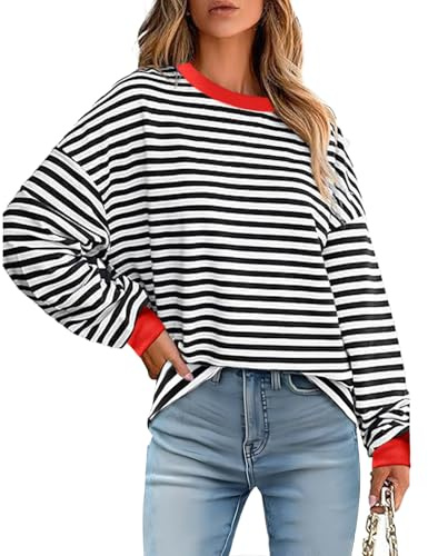 Hanaoops Women's Crewneck Sweatshirt Oversized Striped Color Block Tops Soft Lightweight Long Sleeve Pullover Jumpers Casual Loose Y2K Shirt Fashion Going Out Blouse for Ladies Black