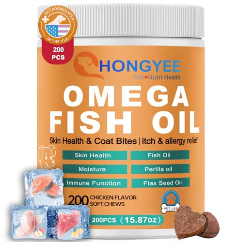 Huile de Poisson pour Animaux (thréonine, vitamines A/C/E, oméga-3 DHA+EPA, Huile de périlla, Lin) — 200 Caps/Flacon. Soulage démangeaisons, favorise santé Peau Chien, Rend Pelage Brillant