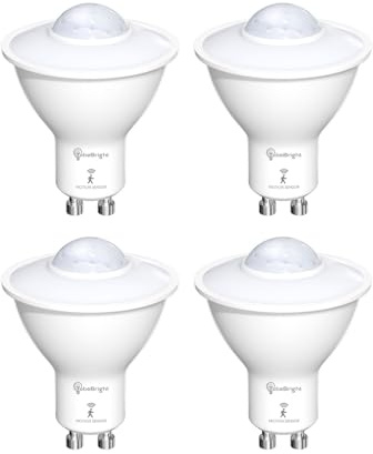TobeBright Ampoule LED avec Détecteur de Mouvement, GU10 PIR Ampoule de Capteur de Lumière 5W, Blanc Froid 6000K, Auto on/off LED Lampe de Sécurité pour Escalier, Garage, Couloir(lot de 4)