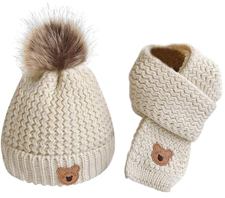 TYXHXTF Gorro de Punto para Bebé, Bufanda Calentador de Cuello y Gorro de Invierno Cálido, Niñas Invierno Bebe Gorros con Pompon y Bufanda de Punto Cuello(Blanquecino)