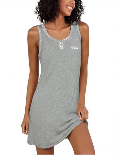 Jahetuul Chemise de Nuit Femme en Coton sans Manches Col Rond Boutonnée | Coton doux, sans manches, col rond, poches pratiques, ouverture boutonnée pour dormir et se détendre à la maison.