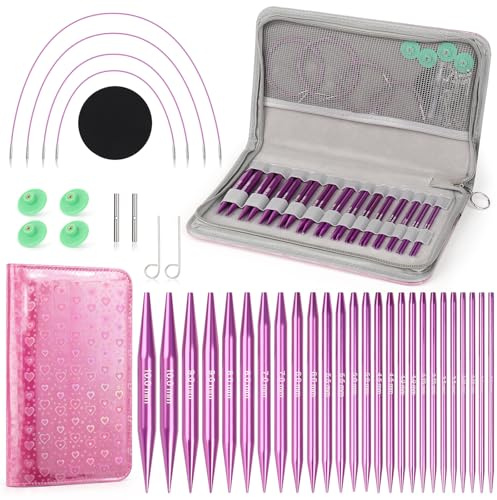 Coopay Lot de 13 paires d'aiguilles à tricoter circulaires interchangeables, de 3 à 10 mm, en aluminium, avec sac de rangement, violettes